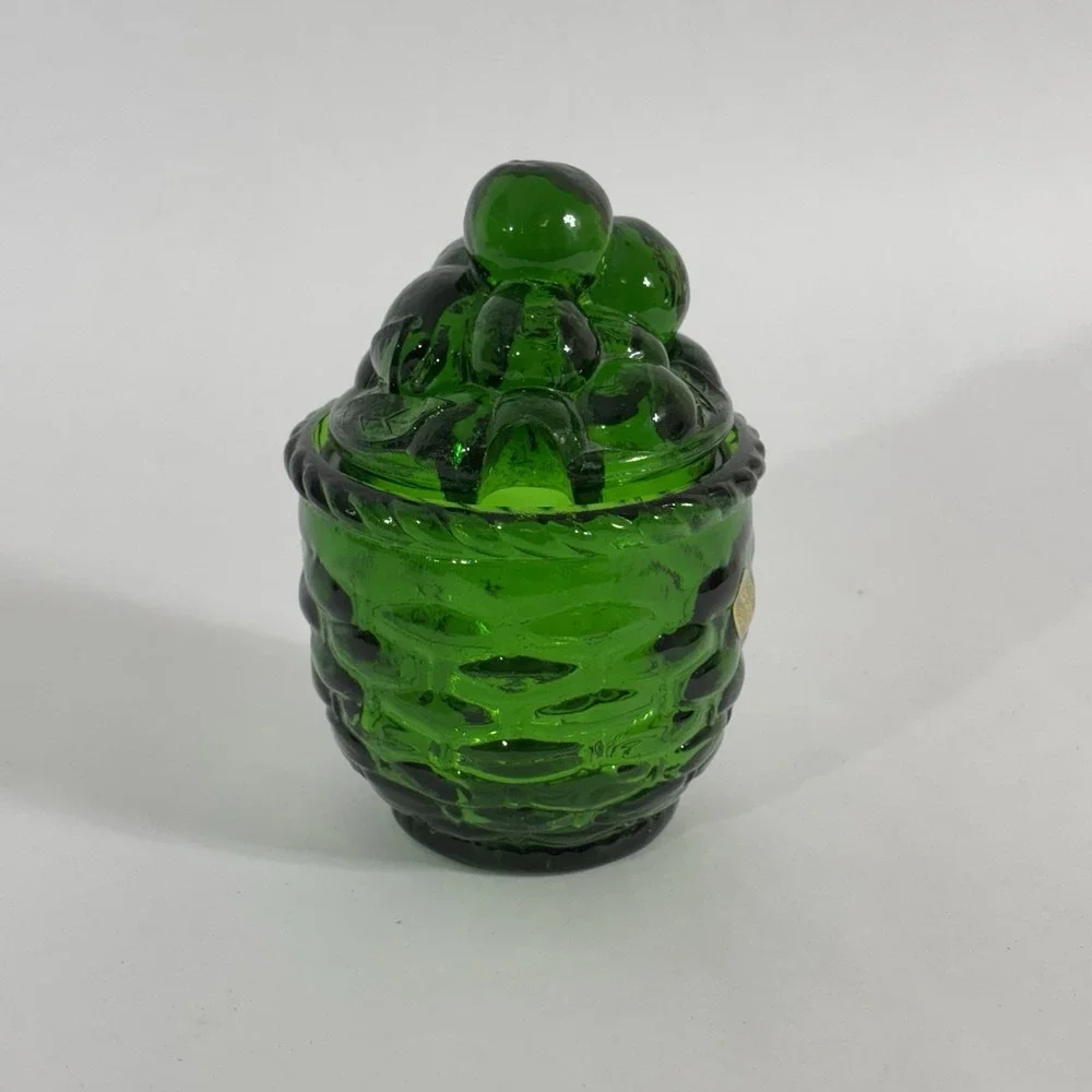 VTG Green‎ Glass Strawberry Basket Lidded Jelly Jam Jar With Spoon Slot Enesco